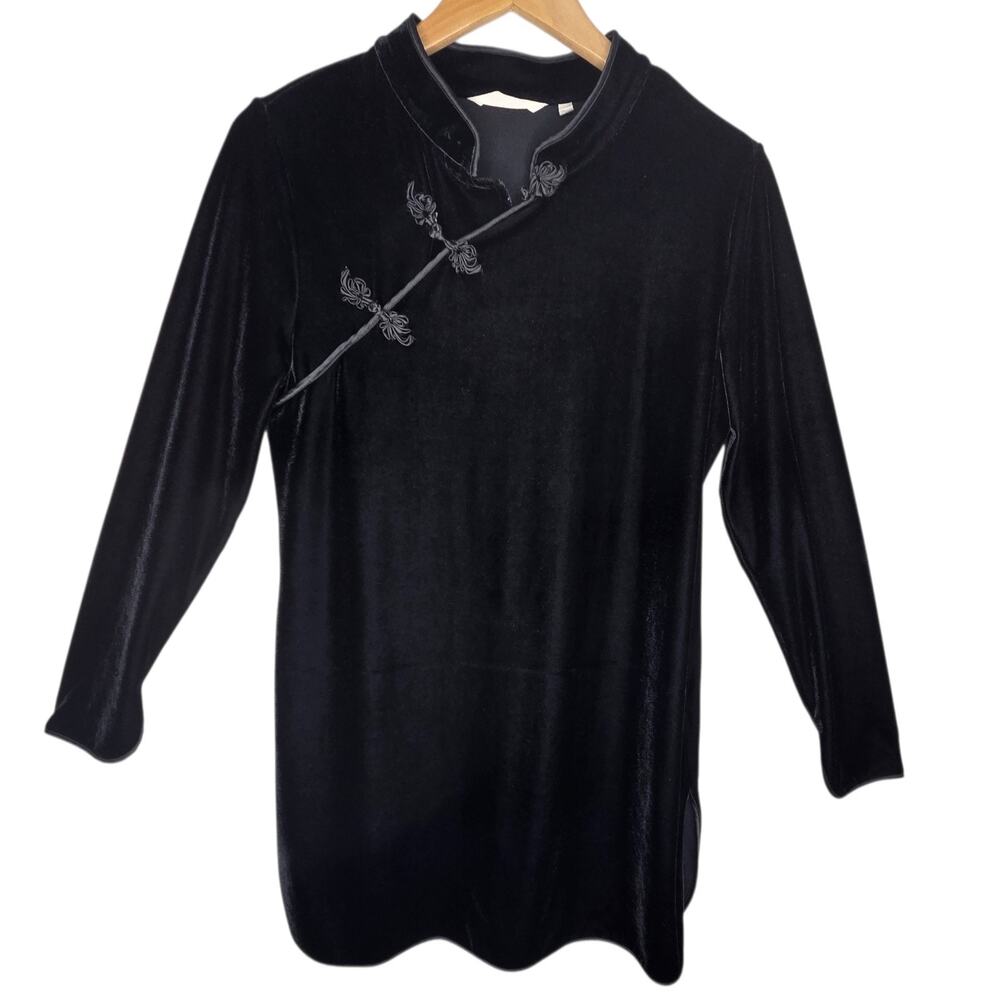 Soft Surroundings Tai Velvet Black Tunic SZ M Mandarin Collar Zen Minimalist Art - Picture 2 of 16